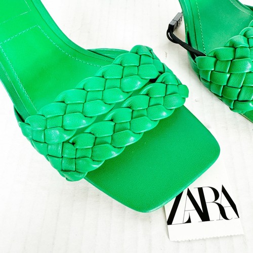Zara Sandals Heels Woven Size 39 Kelly Green Square Toe - Picture 4 of 8