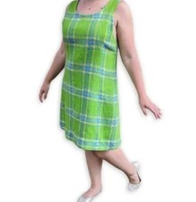Mod Lime  Green Plaid Wool Sleeveless Mini Shift Dress Size  Medium Vintage 1960s