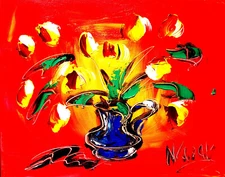 TULIPS FLOWERS IMPRESSIONIST RED ORIGINAL OIL  PAINTING  UOdT