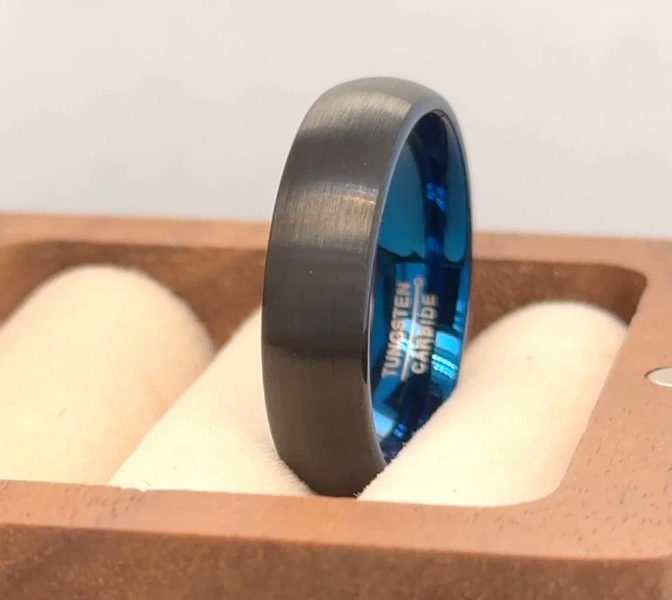 Anillos de tungsteno azul y negro borde pulido cepillado banda para mujeres regalos de San Valentín Foto 4 de 4