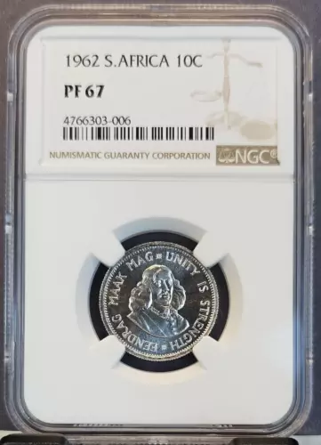 1962 SOUTH AFRICA SILVER 10 CENTS 10C UNITY IS STRENGTH NGC PF 67 HIGH GRADE GEM