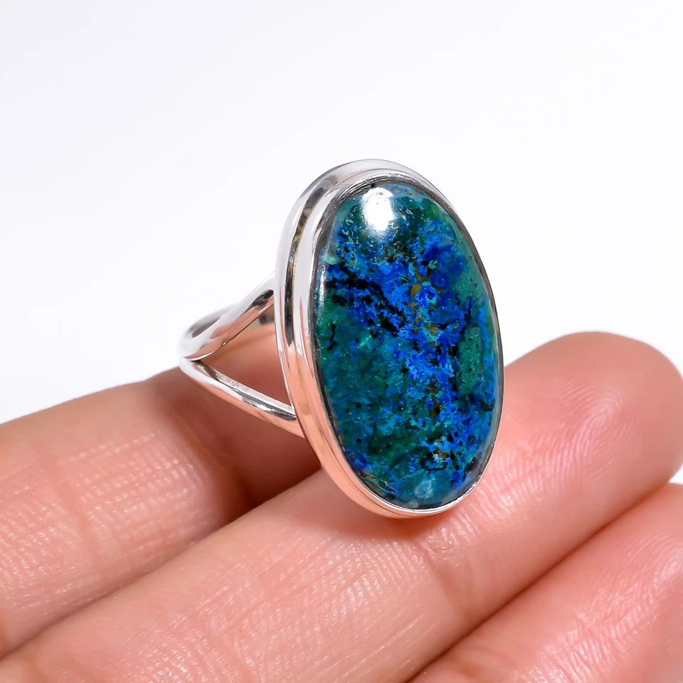 Anillo de piedras preciosas de crisocola azurita de plata de ley 925 anillos distintivos joyería Foto 2 de 4