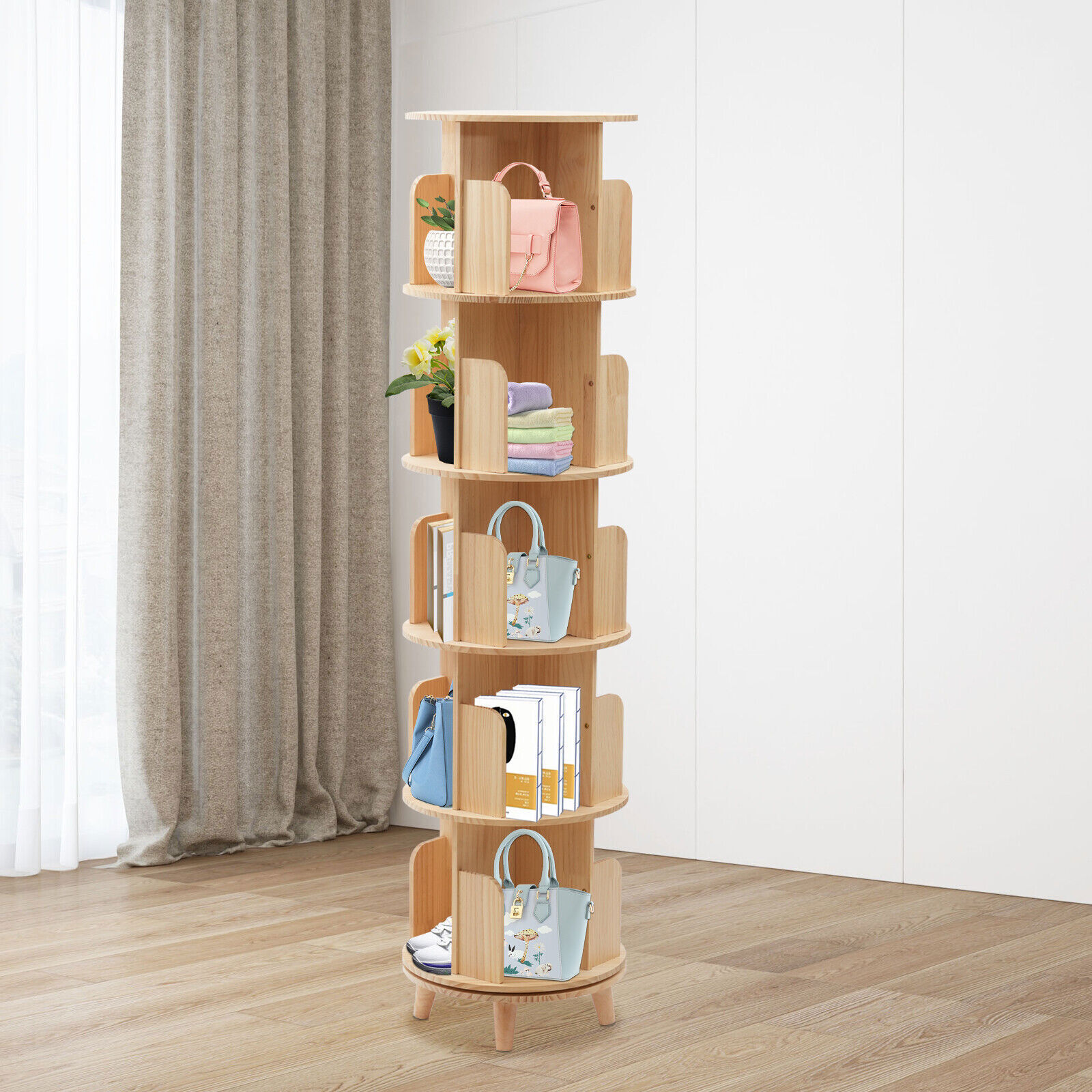 5 Tier 360° Rotating Bookshelf Bookcase Storage Shelf Freestanding Display Rack