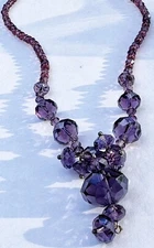Glass Bead Crystal Pendant NECKLACE - Purple Amethyst Sparkly Color Barrel Clsp