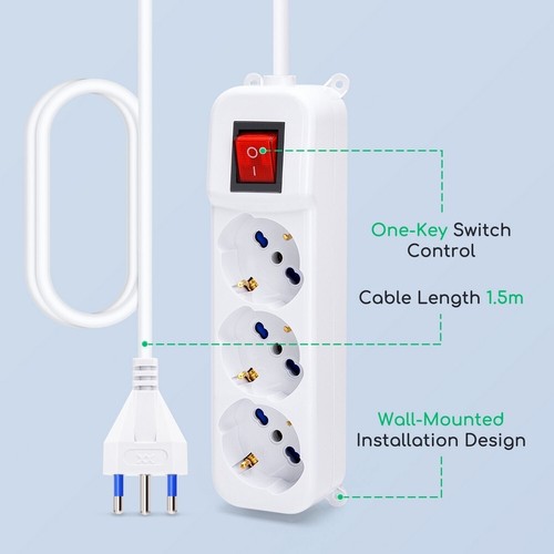 Ciabatta multipresa elettrica 3 posti con cavo da 3m 3 Prese Schuko + Bipasso - Afbeelding 2 van 4