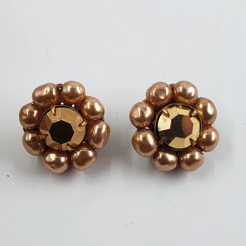 Miriam Haskell Faux Pearl & Amber Rhinestone Gold Tone Clip Earrings