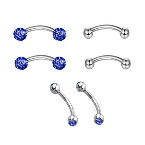 6pc Steel Crystal Ball Barbell Curved Eyebrow Ring Bar Body Piercing Jewelry Set - Picture 13 of 16