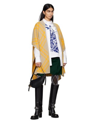 BNWT Burberry Carly Check Wool Cape Taupe Yellow Check Coat