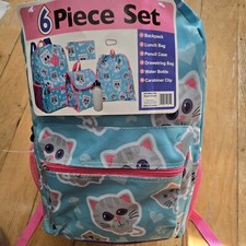 6 PC Girls Travel School Backpack Lunch Set, Aqua Pink Zip Gray Kitties Paws