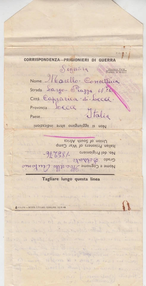 1946 ITALIAN PRISONER OF WAR in SOUTH AFRICA official entire to LECCE - Image 3 of 4