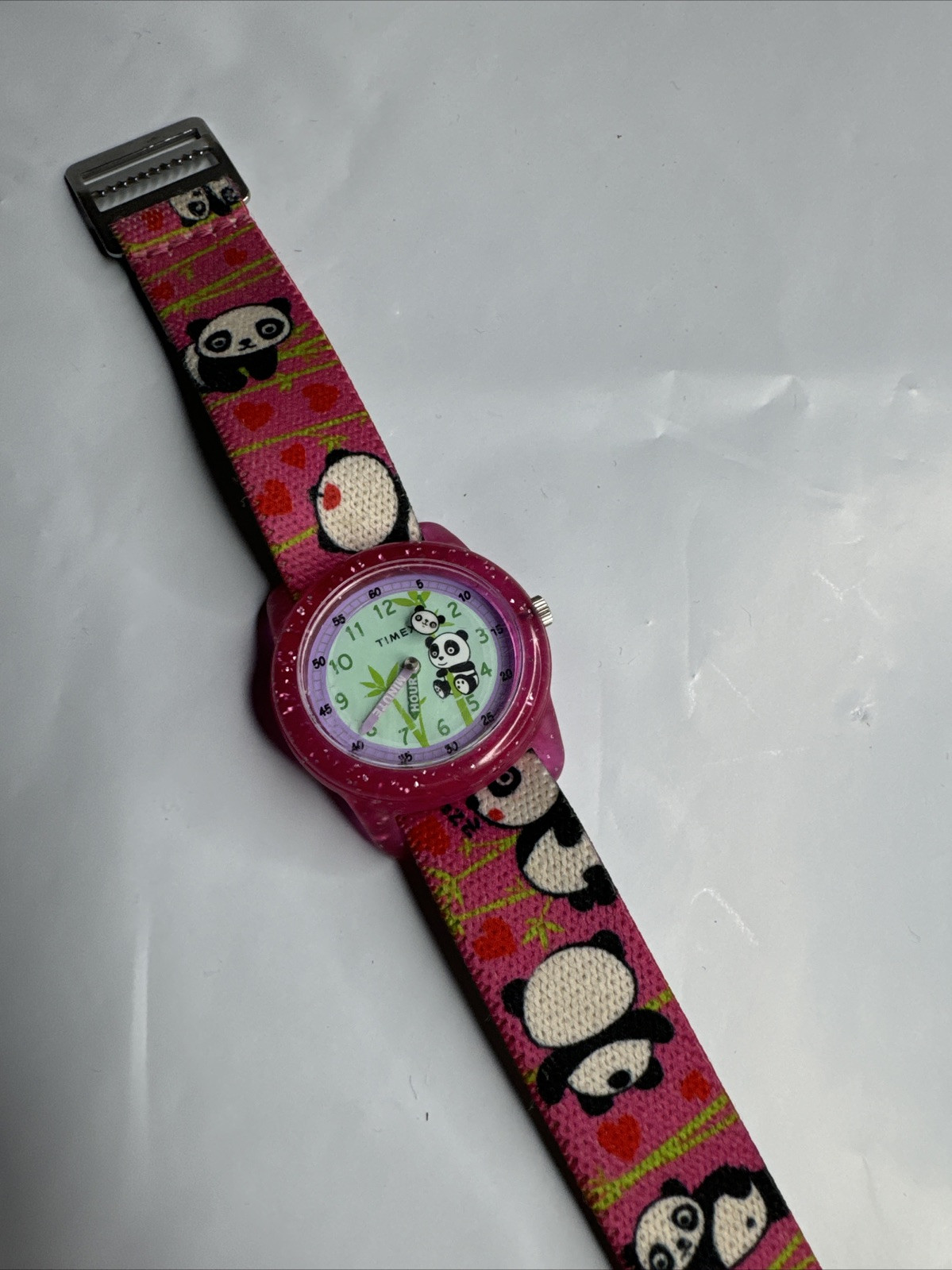 Timex Girls Pink Pandas Elastic Fabric Strap Watch TW7C77100 J1