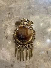 Vintage Florenza Root Beer Glass Cameo Brooch Or Pendent gold tone with fringe