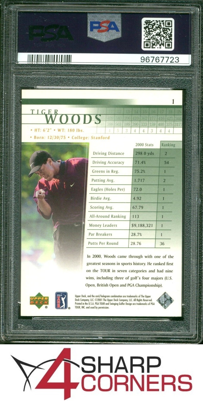 2001 UPPER DECK GOLF #1 TIGER WOODS RC HOF PSA 10 view 2