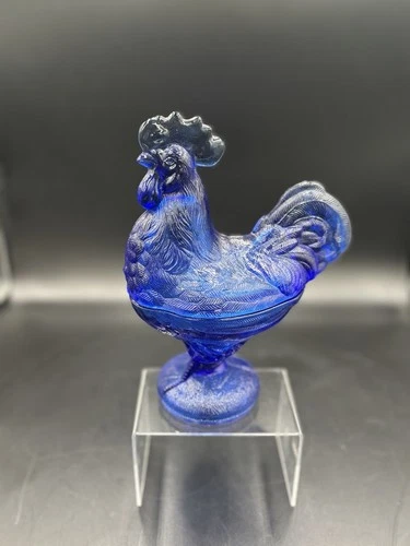 VTG Cobalt Blue Standing Rooster Candy Dish  Depression Style Glass 8.5”