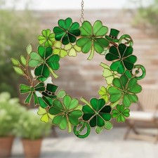 St. Patrick's Day Clover Wreath Suncatcher, Lucky Four Leaf Shamrock Window