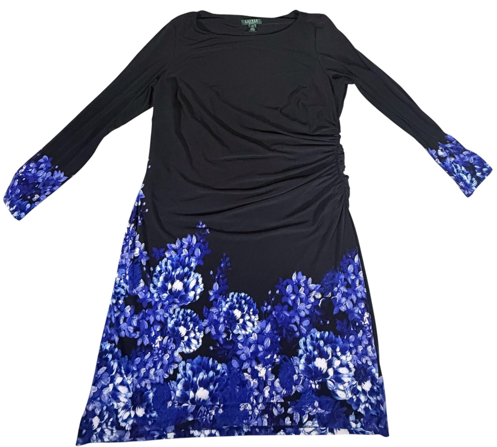 Ralph Lauren women black blue floral lined stylish long sleeve dress 18W