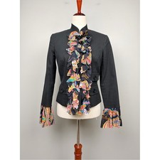 Trina Turk Palm Springs Blazer Size 2 Black Silk Paisley Ruffle Jacket USA