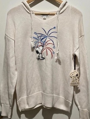 Peanuts Snoopy America 250 Patriotic Fireworks Sweater Hoodie Cream M NWT