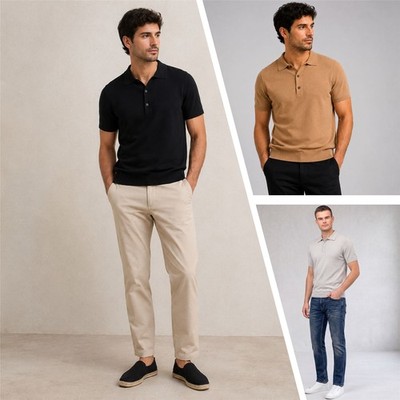 Mens Massimo Dutti Knitted Linen Blend Polo Shirt Classic 3 Button Smart Casual