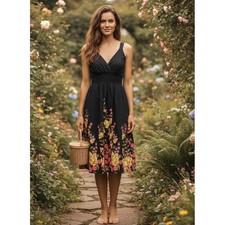 Womens 90s Y2K Dress L Black Floral Sleeveless Cottage Boho Retro Tropical Fairy