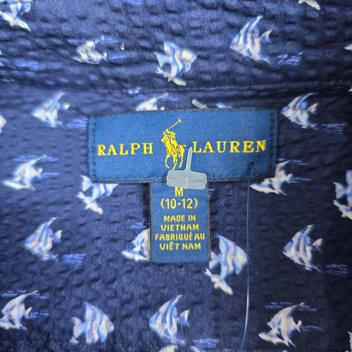 Ralph Lauren Textured Fish Button Front Shirt Boys Medium 10/12 Blue Ocean New - Picture 5 of 9