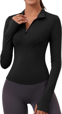 LOMON Womens Long Sleeve Workout Tops Quick Dry Quarter Zip Medium, Black 