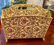 Vintage Tapestry Magazine Rack Trimmed in Gold Cord