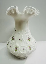 Vintage Fenton Art Glass Vase Violets in the Snow Spanish Lace Design Large Vase