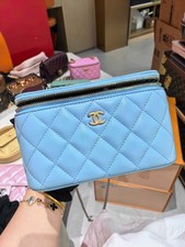 Chanel Chain Long Vanity Case Light Blue Leather Gold Hardware [Duties Paid]
