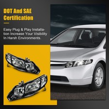 Pair Headlights Assembly For 2006-2011 Honda Civic Sedan 4-door Black Housing