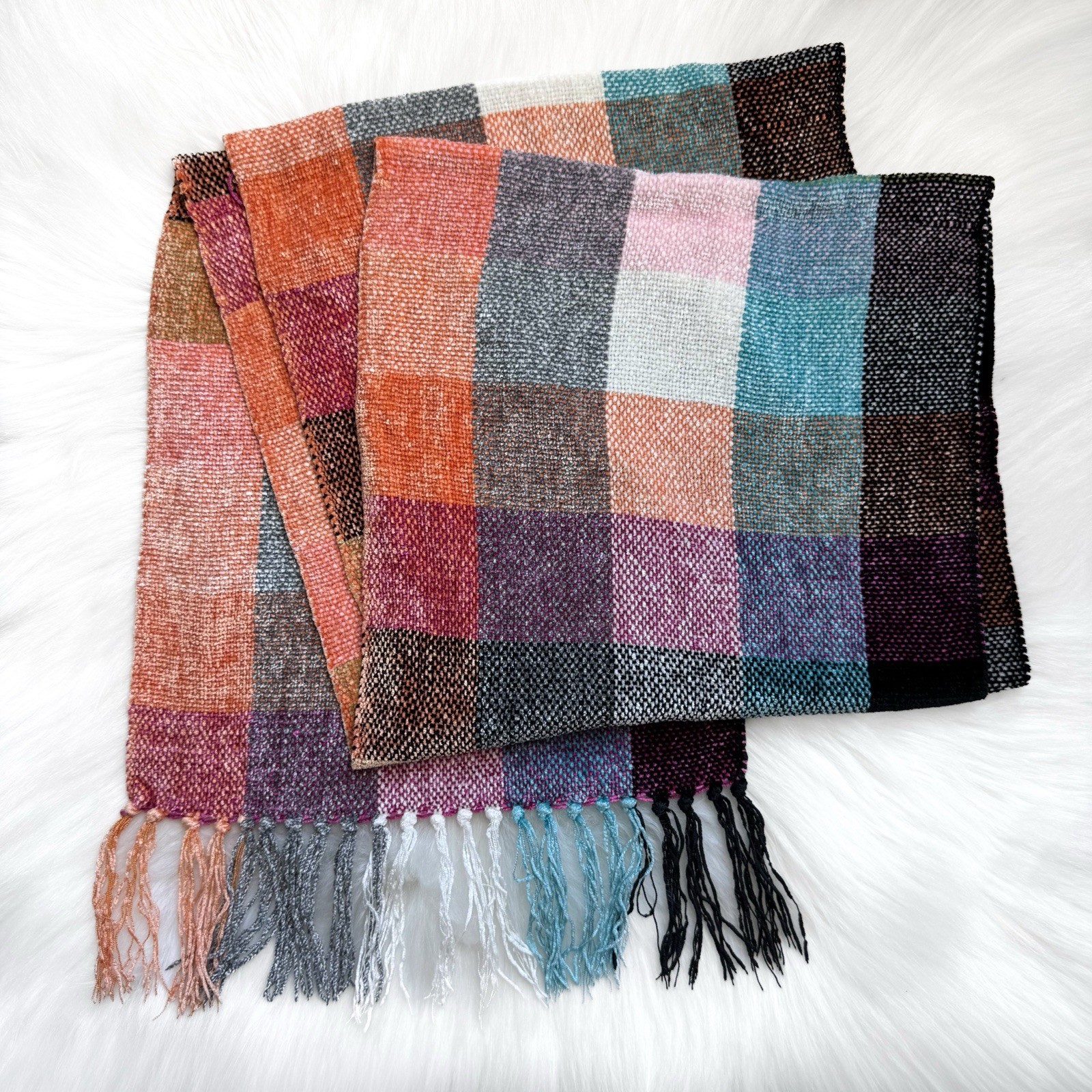 Colorblock Multicolor Plaid Patchwork Tassel Frin… - image 1