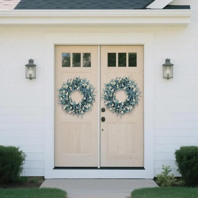 Rustic Blue White Wreath Floral Eucalyptus Wheat Seasonal Door Wall Decor New