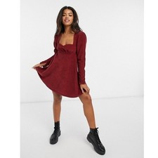 ASOS DESIGN Red Corduroy Babydoll Mini Dress Long Sleeve Empire Waist Size 14