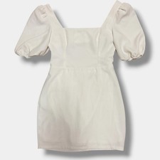 White Mini Dress Puff Sleeve Square Bodycon Neck Bridal Shower Graduation Size S