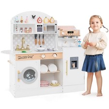 Kids Kitchen Set Wooden Kitchen Playset with Clock, Microwave, Sink, Dish Rack
