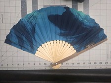 Caribelle Batik Folding 11" Fan Wood and Fabric Mixture of Blue Colors