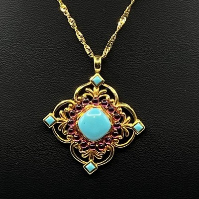 Ross Simons Necklace Pendant Turquoise Vermeil Ornate Diamond on AGI 24'' Chain