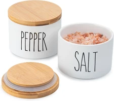 Heartland Home Ceramic Salt and Pepper Bowls. Dual Holder Salt Cellar with Lid -