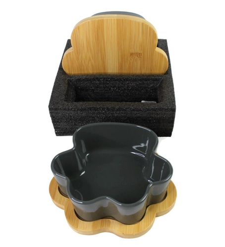 Ceramic Set 2 Pet Food Bowls Water Dishes & Wooden Tray, No Spill Dog Paw Design - Picture 15 of 16