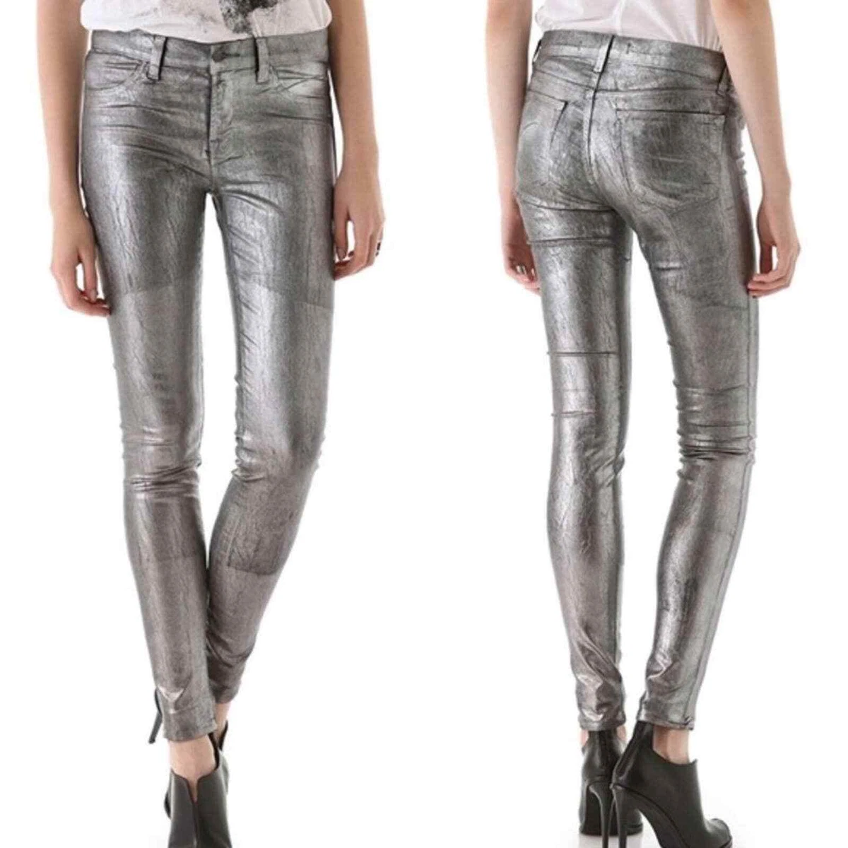 NWT J Brand Metallic Silver Coated Super Skinny Jeans Faux Leather