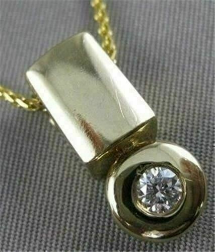 ESTATE ROUND DIAMOND SOLITAIRE 14K YELLOW GOLD HANGING BEZEL PENDANT CHAIN #1496 - Picture 1 of 10