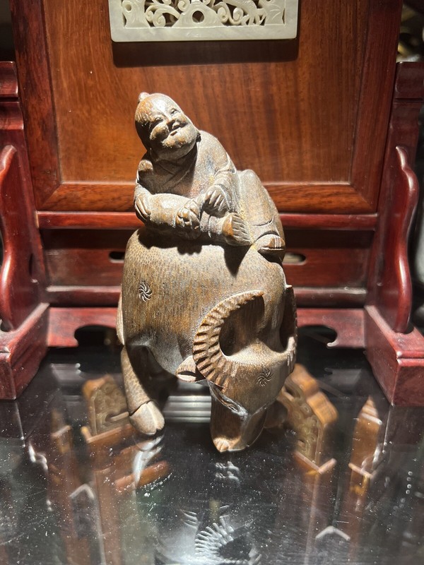 Antique Chinese Carved Bamboo Buffalo Figurine With A Boy On It