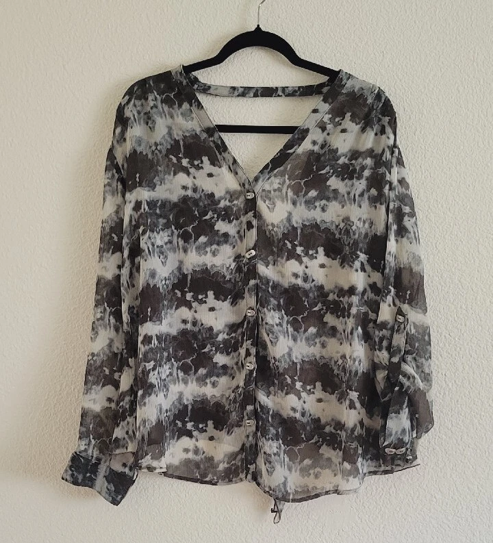 Alberto Makali Abstract Print Long Sleeve Sheer Blouse Women's Size Large