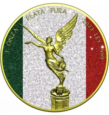  2023 Mexico Libertad Diamond Dust Flag 24k Gold Pl 1oz Silver Coin