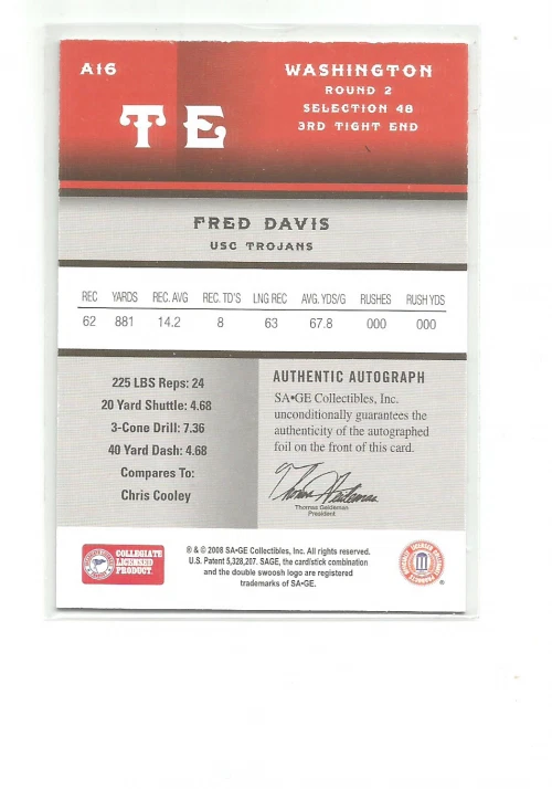 2008 SAGE AUTOGRAPHS SILVER #16 FRED DAVIS 164/400 - Image 2 of 2