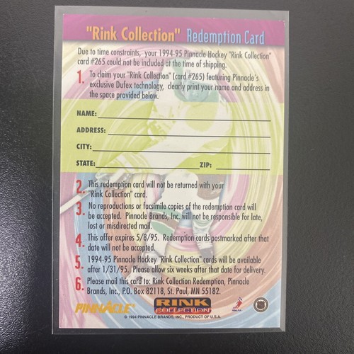 1994-95 Pinnacle #262 Rink Collection Redemption Card NHL - Picture 2 of 2
