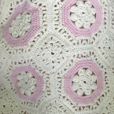 Vintage Afghan BEDSPREAD X Large Cream PInk Flower Shabby Chic Boho Decor