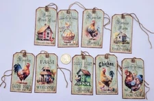 9~Ephemera~Handmade~Linen Cardstock~Farmhouse~Rooster~Gift~Hang~Tags