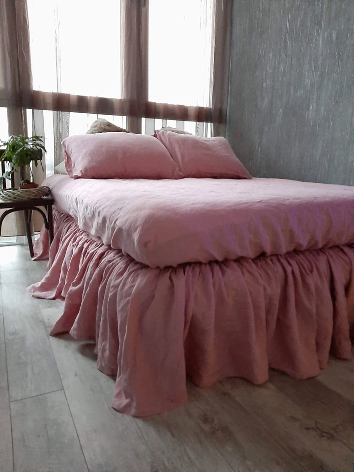 Falda de cama de lino con volantes antipolvo Falda de cama Colchón Falda Caja Cubierta de resorte Colcha Foto 4 de 4