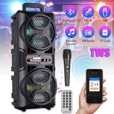 Dual 6.5'' Portable Wireless BT Party Speaker Super Bass Stereo FM LED Light AUX